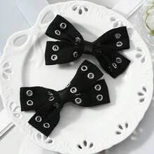 ROMWE Goth 2 Multi-Specification Y2k Dark Wind Black Air Eye Star Rivet Polka Dot Double-Layer Handmade Bow DIY Hairpin Duck Bill Clip, Combination Set - Black-53 - View 7