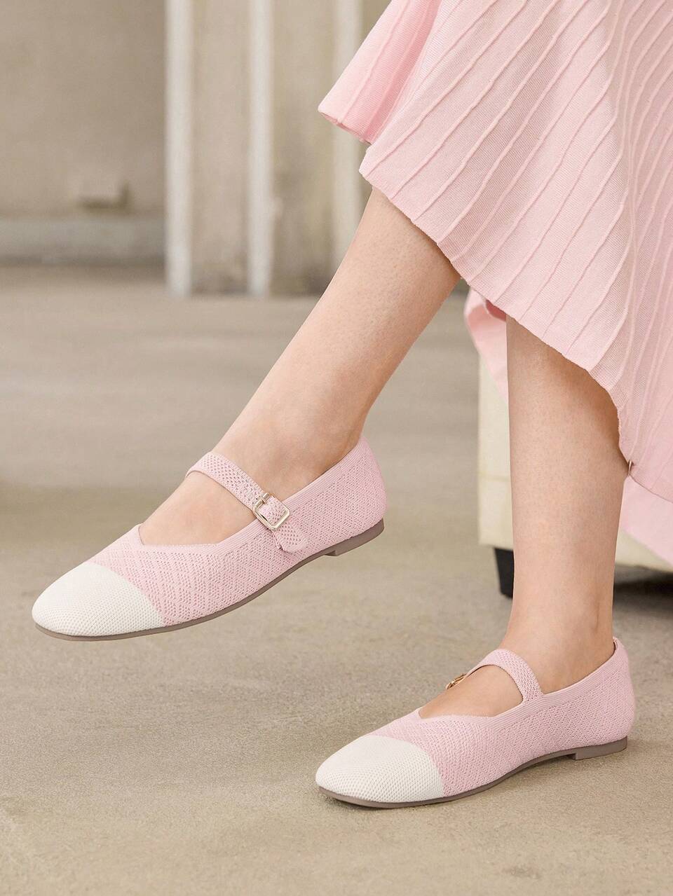 MOTF WOMEN'S NEW FASHION KNITTED SQUARE TOE FLAT-SOLED SHOES, PINK APRICOT VERSATILE ELEGANT CASUAL AND COMFORTABLE BALLET SHOES FALL SHOES