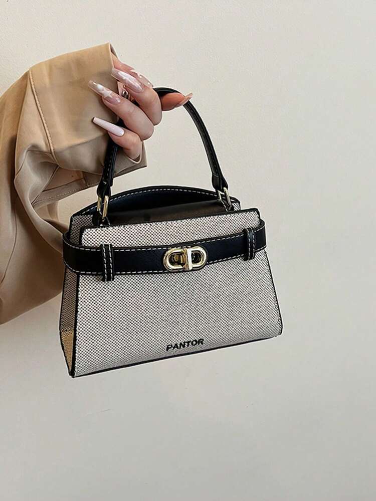SIENNITY 紋理布料拼接、必需品收納、扣環開合、極簡奢華風、正方形手提包、女士日常外出、頂部手柄手提包 - 黑色 - 查看 5