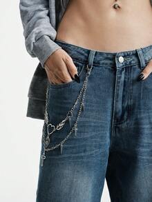 MortiRose 1pc Gothic Double Layer Heart Eye Cross Pendant Pants Chain, Vintage Silver Punk Streetwear Waist Chain - Multicolor - View 5