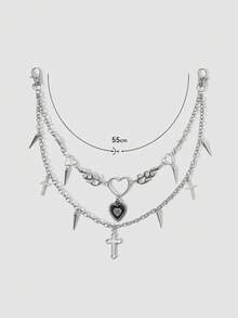 MortiRose 1pc Gothic Double Layer Heart Eye Cross Pendant Pants Chain, Vintage Silver Punk Streetwear Waist Chain - Multicolor - View 9