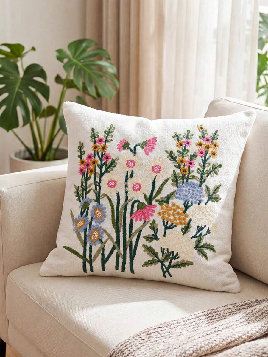 1 Piece, Ins Wind Fresh Flower Embroidered Pillowcase, Sofa Cushion Cover Decorative Pillowcase, Chenille Material, Embroidery Process, Very Suitable For Bedrooms, Sofas, Beds - Multicolor - View 1