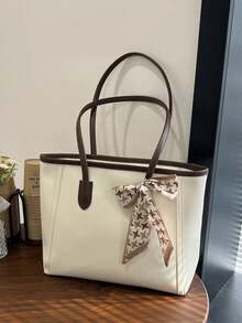 SIENNITY Fashionable Plain Color Scarf Decor PU Leather Tote Bag, Retro Minimalist Casual Shoulder Bag, Large Capacity Commuter Handbag Suitable For Women - White - View 8