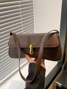 SIENNITY New Retro Fashion Solid‑Color Baguette Bag,Hardware Lock Clasp,Flap Opening,Lightweight & Minimalist,Small‑Capacity Shoulder Underarm Bag - Coffee - View 6