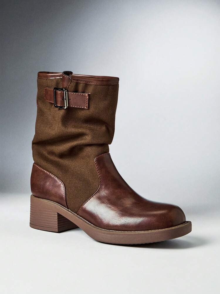 SHEIN Solezae Women's Buckle Decor Round Toe Chunky Heel Mid-Calf Western Cowboy Boots, Casual Fashion Boots - Chocolate Brown - View 7