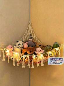1PC Boho Stuffed Animal Toy Hammock Macrame Large Corner Mesh Toy Storage Hanging Wall Toys Organizer For Bedroom Decor, Cream(Without String Lights) 39.4" X 39.4" X 59" - White - View 1
