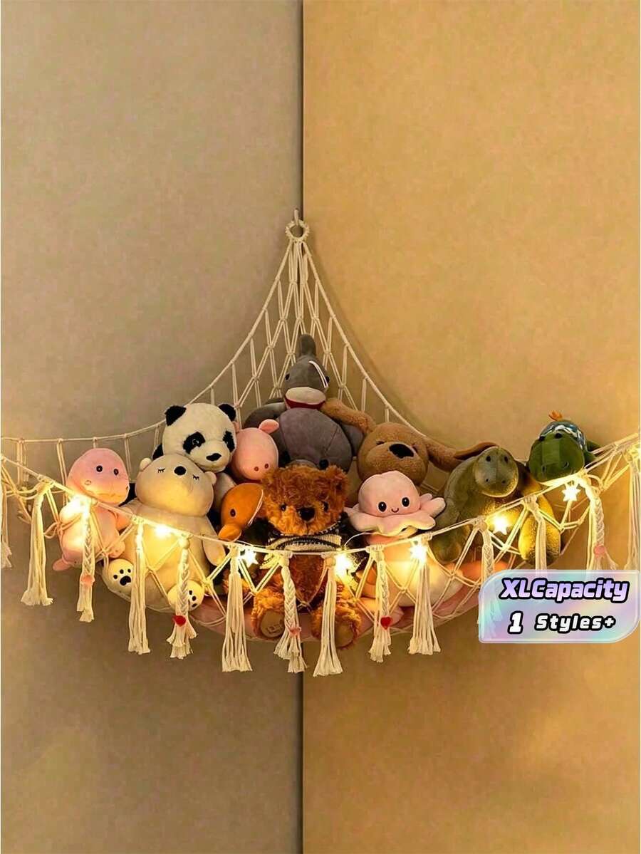 1PC Boho Stuffed Animal Toy Hammock Macrame Large Corner Mesh Toy Storage Hanging Wall Toys Organizer For Bedroom Decor, Cream(Without String Lights) 39.4" X 39.4" X 59" - White - View 1