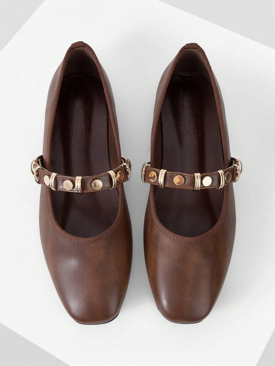 MOTF PREMIUM WOMEN SQUARE TOE BROWN LEATHER MARY JANE FLATS, GOLD MULTI BUCKLE STRAP SOFT COMFORT WALKING FLAT DRESS SHOES - Brown - View 1