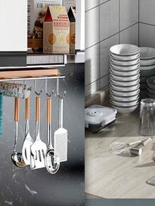 1Pc Stainless Steel Cabinet Storage Rack No Drill Under‑Cabinet Hanging Kitchen Organizer With Cutting Board Rag Holder Mug Hooks Paper Towel Utensil Rack Multifunctional Kitchen Storage - View 2