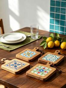 Solid Wood Ceramic Tile Pattern Heat Resistant Coasters - Retro Kitchen Table Mats For Hot Pots, Pans, Cups, High Temperature Resistant, Handmade Home Decor Gifts - View 4