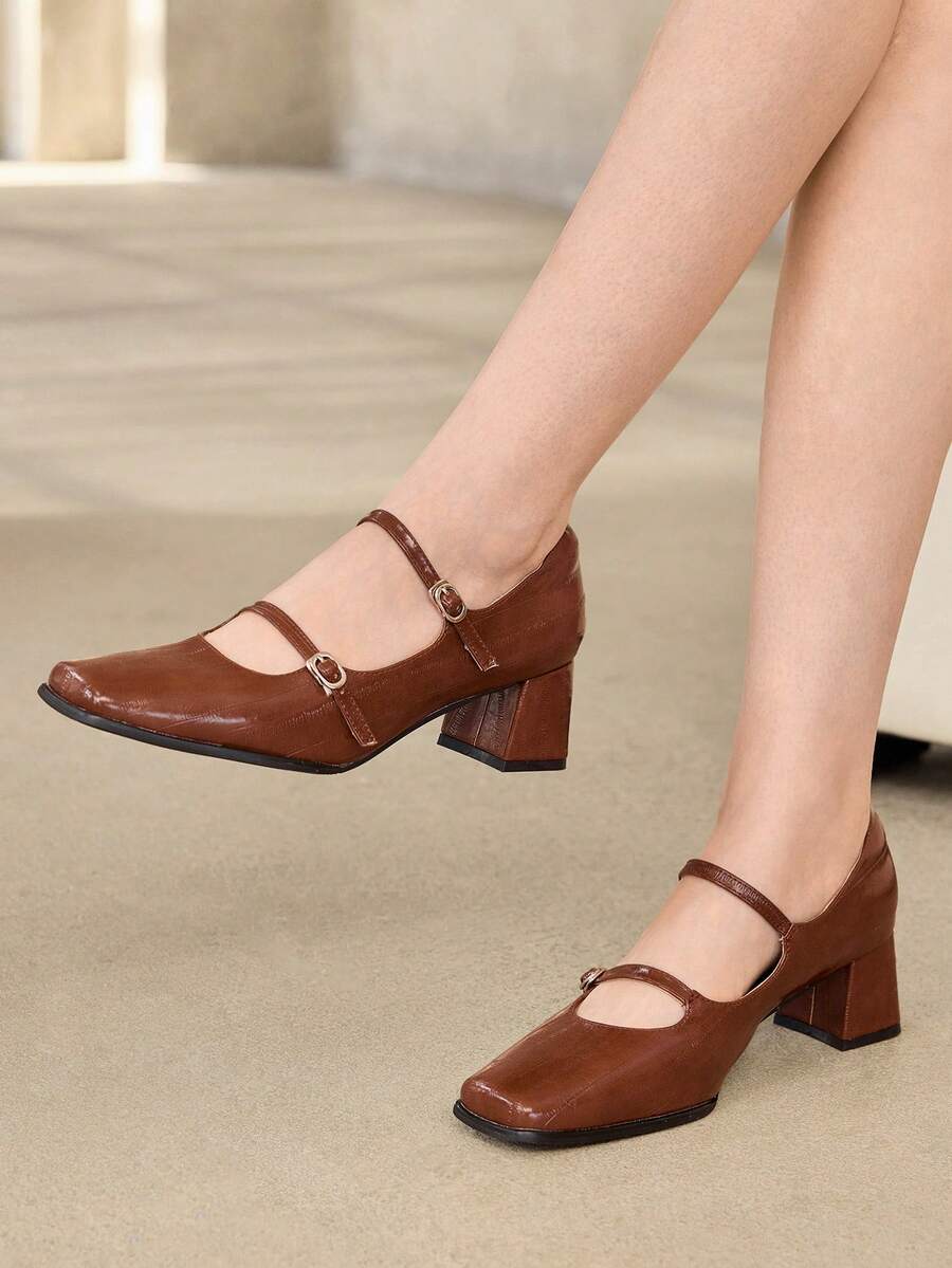 MOTF PREMIUM RETRO SQUARE TOE DOUBLE BUCKLE MARY JANE THICK HEEL SHOES WOMEN, AUTUMN AND WINTER DARK BROWN SOFT LEATHER COMMUTING MEDIUM HEEL LOW VAMP FALL SHOES - Embossed PU-Brown - View 1