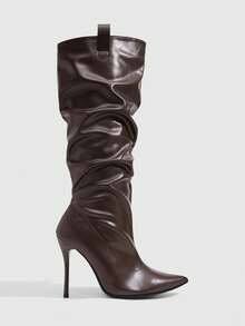 CUCCOO SZL Black Glossy Pointed-Heeled Elastic High Boots, Spice Girls Autumn And Winter Models Fall Boots - F5 Brown - View 6
