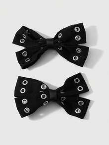 ROMWE Goth 2 Multi-Specification Y2k Dark Wind Black Air Eye Star Rivet Polka Dot Double-Layer Handmade Bow DIY Hairpin Duck Bill Clip, Combination Set - Black-53 - View 8