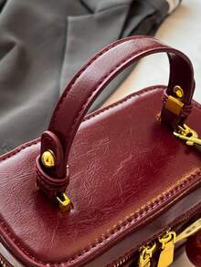 SIENNITY Shiny Oil Leather,Wine Red,Makeup Essentials Storage, Zip Closure, Vintage Cute Style, Cube Handbag, Ladies Evening Outing, Fashion Crossbody Handbag - Burgundy - View 11