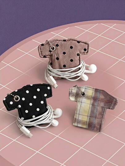 Joivida 1Pc Clothes Shaped Data Cable Storage Bag, Pendant Keychain, Earphone Cable Storage Bag, Polka Dot Pattern/Stripe Pattern, INS Style, Easy To Carry