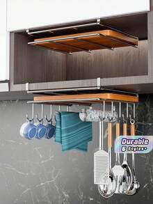 1Pc Stainless Steel Cabinet Storage Rack No Drill Under‑Cabinet Hanging Kitchen Organizer With Cutting Board Rag Holder Mug Hooks Paper Towel Utensil Rack Multifunctional Kitchen Storage - View 1