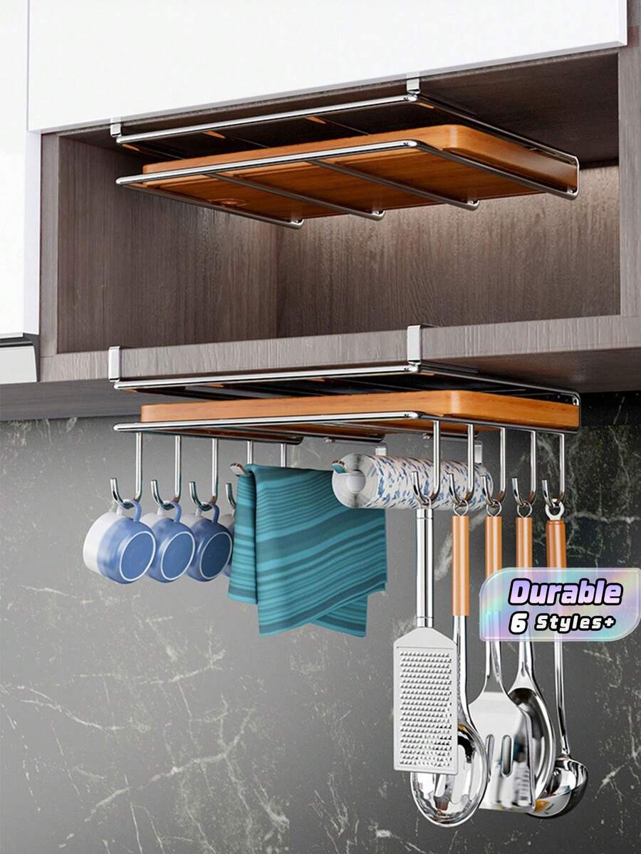 1Pc Stainless Steel Cabinet Storage Rack No Drill Under‑Cabinet Hanging Kitchen Organizer With Cutting Board Rag Holder Mug Hooks Paper Towel Utensil Rack Multifunctional Kitchen Storage - View 1