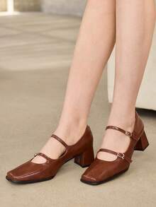 MOTF PREMIUM RETRO SQUARE TOE DOUBLE BUCKLE MARY JANE THICK HEEL SHOES WOMEN, AUTUMN AND WINTER DARK BROWN SOFT LEATHER COMMUTING MEDIUM HEEL LOW VAMP FALL SHOES - Embossed PU-Brown - View 5