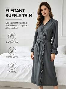 Elegant Solid Gray Ruffle Wrap Bathrobe For Women, V Neck Long Sleeve Belted Kimono Loungewear Robe, Soft Crinkle Fabric Irregular Hem Loose Homewear, Lightweight Casual Sleep Robe Coverup With Chic Ruffled Detail - Multicolor - View 7