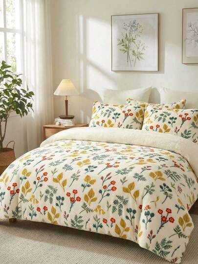 Cirelle 2/3pcs Floral Velvet Flannel Duvet Cover Set, Ultra Soft Warm Plush Velvet Bedding Set, Cream Botanical Printed Winter Comforter Cover With 1/2 Shams (No Insert)