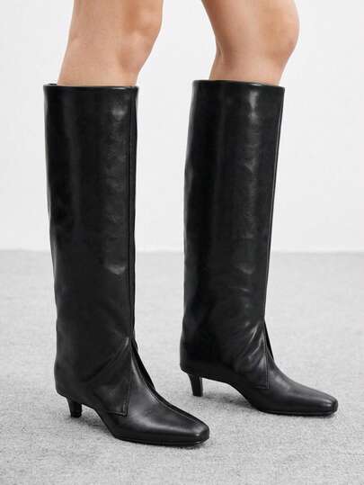 CUCCOO BIZCHIC Women's Shoes Niche Flanged Tube Body Round Toe Thin Heel Gentle Style High Boots Dating Shopping Thin Boots