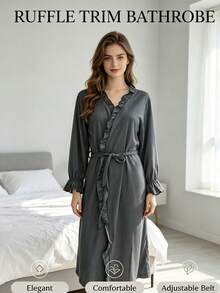 Elegant Solid Gray Ruffle Wrap Bathrobe For Women, V Neck Long Sleeve Belted Kimono Loungewear Robe, Soft Crinkle Fabric Irregular Hem Loose Homewear, Lightweight Casual Sleep Robe Coverup With Chic Ruffled Detail - Multicolor - View 2
