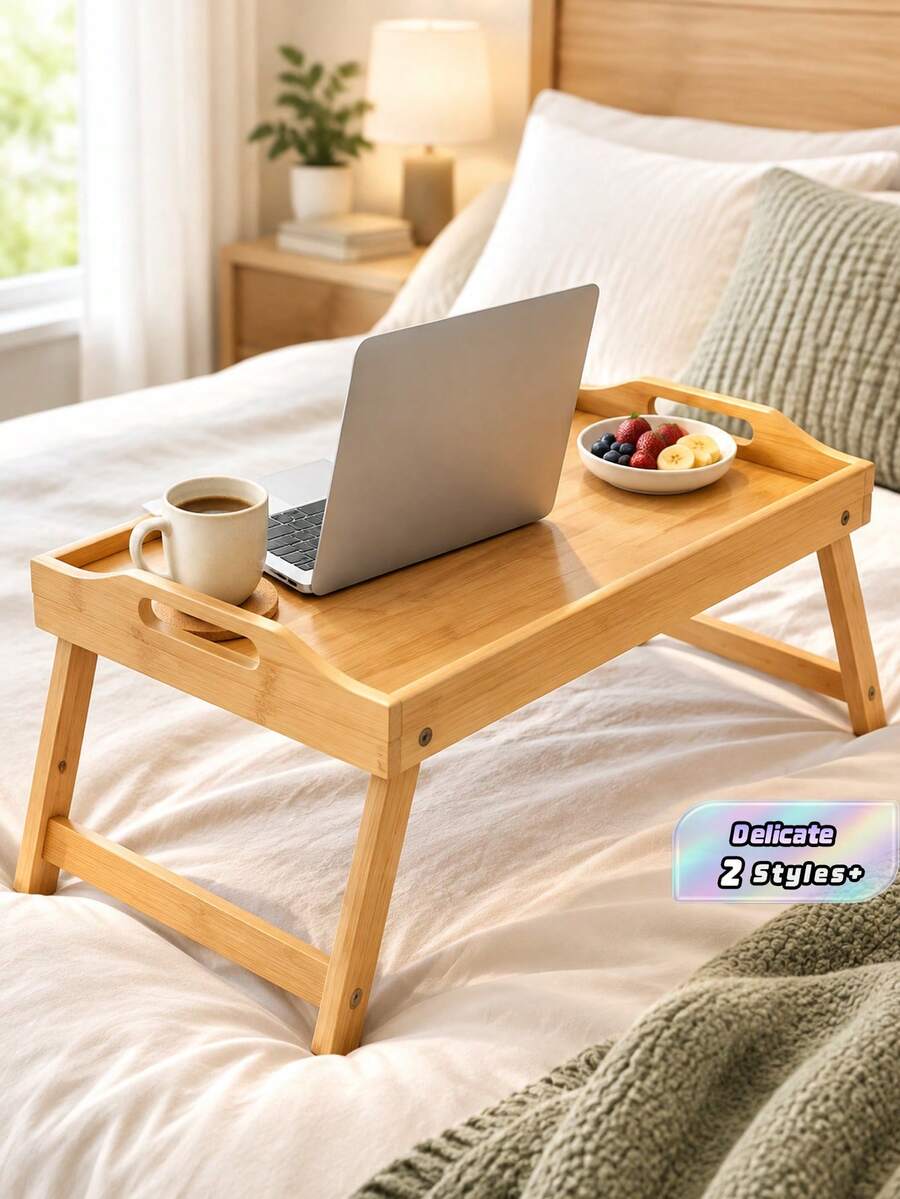 Folding Bamboo Laptop Table, Made Of Solid, Durable Bamboo, Single Piece Folding Design For Easy Storage, Side Handles + Tall Edge For Fixed Position, , Suitable As Breakfast Tray, - Multicolor - View 1