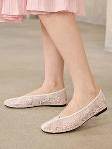 MOTF NEW BEIGE MESH FLOWER SQUARE TOE COMFORTABLE, SOFT AND SIMPLE COMMUTER WOMEN'S FLAT SHOES - Beige 1 - View 6