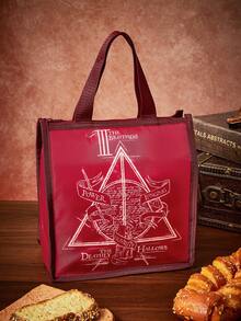 HARRY POTTER X SHEIN Vintage Triangle Rune Print Insulated Lunch Tote, Heat-Preserving Inner Layer. Holds Bento And Drinks For Office Workers, Students And Picnic Trips - Khaki red - View 3