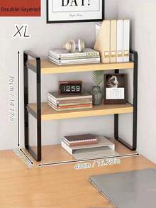 SHEIN 1pc Wood & Metal Multi-Tier Desktop Organizer Rack, Bookshelf For Students, Office Computer Display Shelf - Black - View 14
