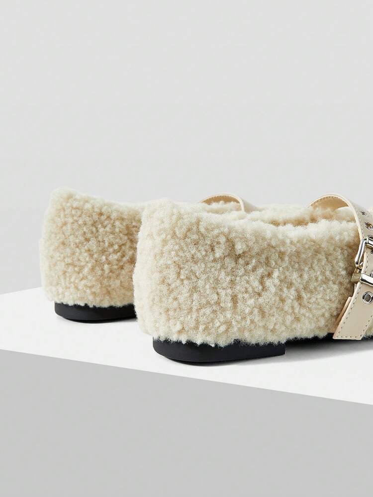 MOTF PREMIUM WOMEN RETRO TEDDY FUZZY BALLET FLATS LEATHER BUCKLE STRAP BOW SOFT WARM OUTDOOR MOCCASIN SHOES - Beige - View 7