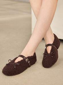 MOTF PREMIUM WOMEN RETRO TEDDY FUZZY BALLET FLATS LEATHER BUCKLE STRAP BOW SOFT WARM OUTDOOR MOCCASIN SHOES - dark brown - View 8