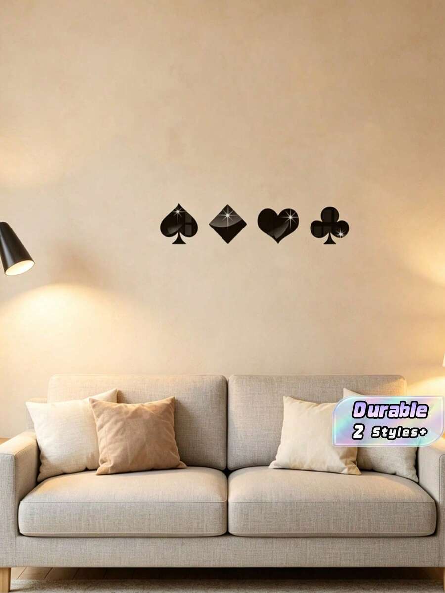1pc Black Popular Poker Card Mirror Wall Sticker, Living Room, Bedroom Decoration, Sofa, TV Background Wall Decoration, Three-Dimensional Wall Sticker - one-size - View 1