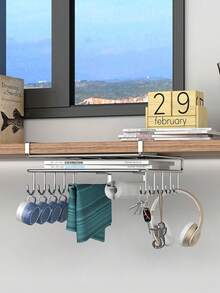 1Pc Stainless Steel Cabinet Storage Rack No Drill Under‑Cabinet Hanging Kitchen Organizer With Cutting Board Rag Holder Mug Hooks Paper Towel Utensil Rack Multifunctional Kitchen Storage - View 7