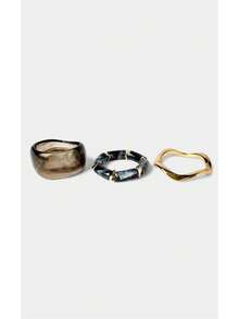 Noxbound Smoke Ink Texture Marble Resin Bracelet Set, 3-Piece Set Of Irregular Gold Metal And Marble Texture Stacked (Resin Shape And Color Are Random) - Gray black - View 5