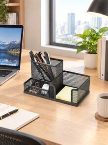 1pc Mesh Desk Organizer Multi Compartment Office Desktop Storage Holder For Pen Note Paper Stationery Home School Office Supplies - Black - View 6