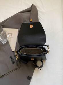 SIENNITY Suede Solid Black,Daily Essentials Storage, Button Closure, Vintage Style, Square Shoulder Bag, Ladies Daily Commute, Hot Selling Fashion Handbag - Black - View 4