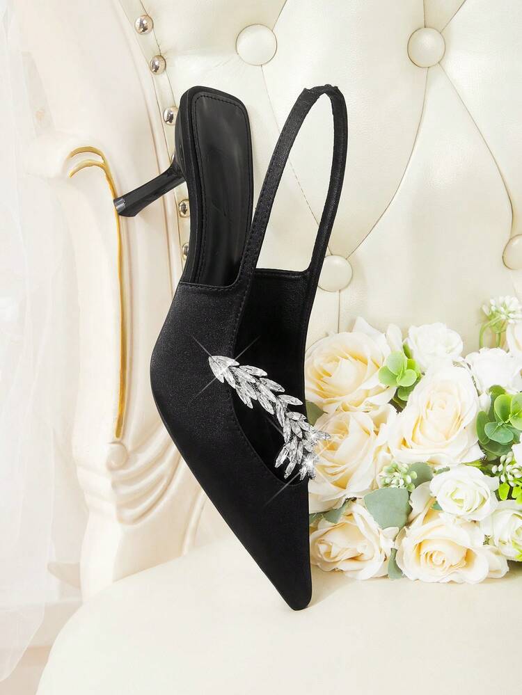 CUCCOO HITCHD Spring Summer Wheat Ear Rhinestone Back Tripple Tip Thin Heel High Heel Light Luxury Satin Back Empty Sandals Dinner Commuter Dating - Black - View 7