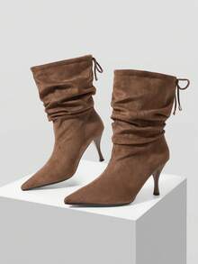 Mnmlis Atmosphere Coffee-Colored High-Heeled Suede Pointed Piled Boots, Lazy In Autumn And Winter, High-End Temperament, Fine-Heeled Medium Boots - Khaki - View 2