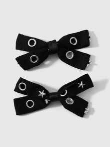 ROMWE Goth 2 Multi-Specification Y2k Dark Wind Black Air Eye Star Rivet Polka Dot Double-Layer Handmade Bow DIY Hairpin Duck Bill Clip, Combination Set - Black-53 - View 17