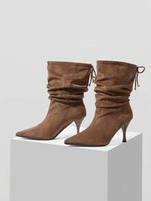 Mnmlis Atmosphere Coffee-Colored High-Heeled Suede Pointed Piled Boots, Lazy In Autumn And Winter, High-End Temperament, Fine-Heeled Medium Boots - Khaki - View 5