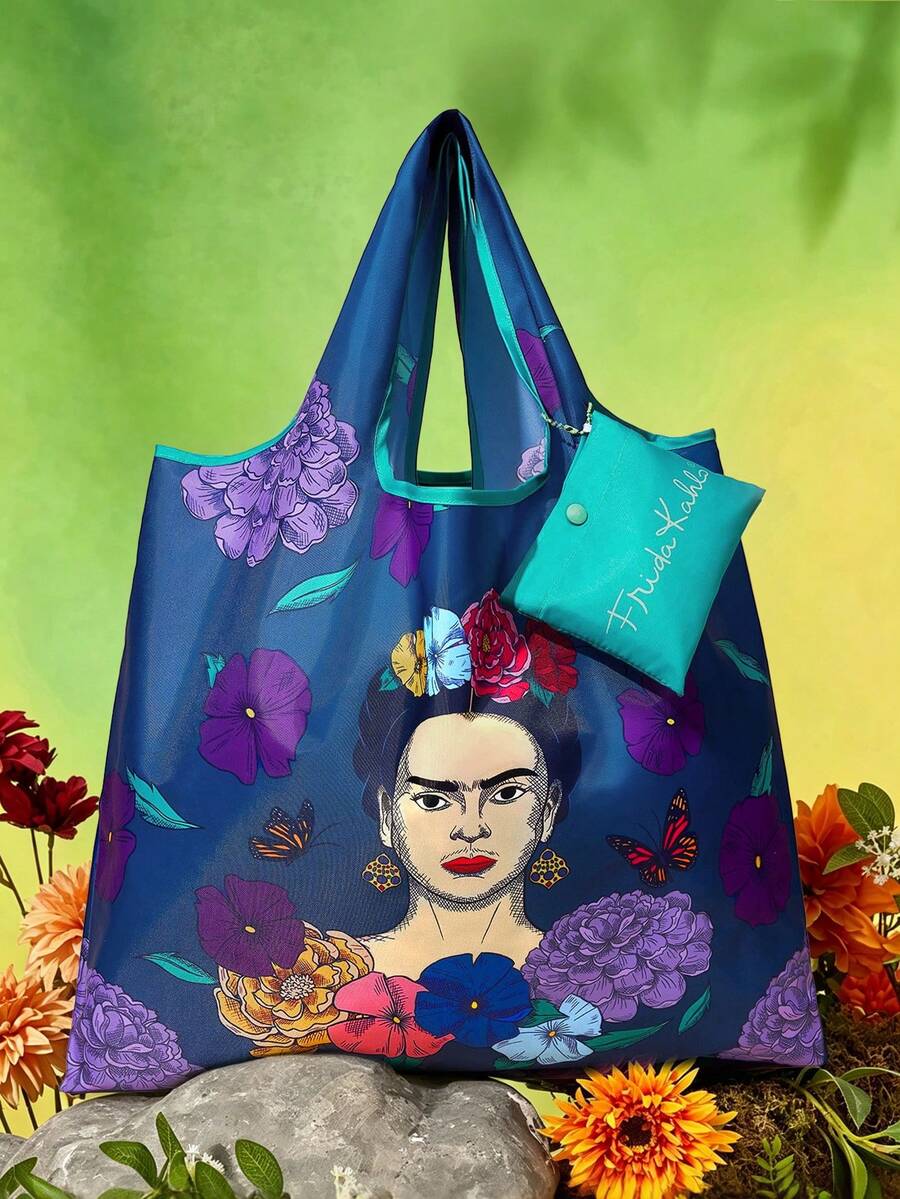 Frida Kahlo X SHEIN 印花聚酯纖維可折疊托特包,緊湊折疊設計,適用於超市購物、日常雜事與旅行使用,大容量且耐用 - 深紫色 - 查看 1