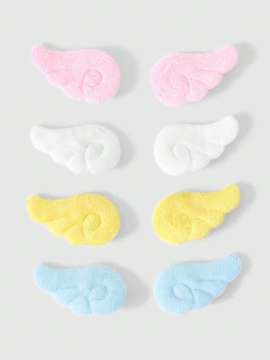 ROMWE Kawaii 8件組可愛麂皮天使之翼黃粉藍白配色胸針,適用於包包、衣物、帽子及配件,適合日常裝飾 - 黃粉藍白 - 查看 1