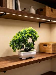 1PC Green Artificial Podocarpus Bonsai With White Flower Pot, Mini Tabletop Plant Ornament In Welcome Pine Shape, Ideal For Home Decor, Living Room Tea Table, Entryway, Study Bookshelf, Office Desk, Bathroom Shelf And Window Sill Decoration - Green - View 2