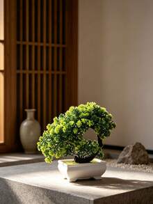 1PC Green Artificial Podocarpus Bonsai With White Flower Pot, Mini Tabletop Plant Ornament In Welcome Pine Shape, Ideal For Home Decor, Living Room Tea Table, Entryway, Study Bookshelf, Office Desk, Bathroom Shelf And Window Sill Decoration - Green - View 7