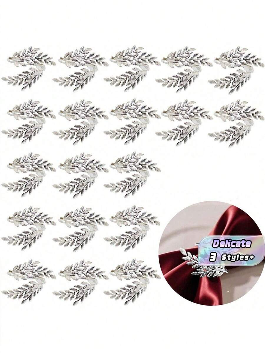 8Pcs/12Pcs/24Pcs Silver Wheat Napkin Rings, Metal Leaf‑Shaped Napkin Holders, Elegant Table Decor Accessories, Reusable Napkin Buckles For Harvest Festival, Fall Thanksgiving, Dinner Party, Banquet & Holiday Table Setting Decoration - Multicolor - View 1
