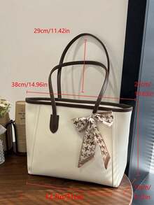 SIENNITY Fashionable Plain Color Scarf Decor PU Leather Tote Bag, Retro Minimalist Casual Shoulder Bag, Large Capacity Commuter Handbag Suitable For Women - White - View 4