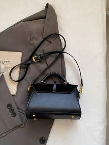 SIENNITY Suede Solid Black,Daily Essentials Storage, Button Closure, Vintage Style, Square Shoulder Bag, Ladies Daily Commute, Hot Selling Fashion Handbag - Black - View 3