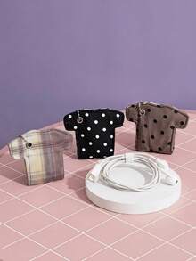 Joivida 1Pc Clothes Shaped Data Cable Storage Bag, Pendant Keychain, Earphone Cable Storage Bag, Polka Dot Pattern/Stripe Pattern, INS Style, Easy To Carry - Multicolor - View 2