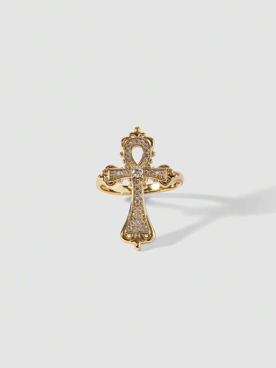 MortiRose Nhẫn cá nhân hóa phong cách Gothic hình chữ thập vàng - Cà phê vàng - Xem 1
